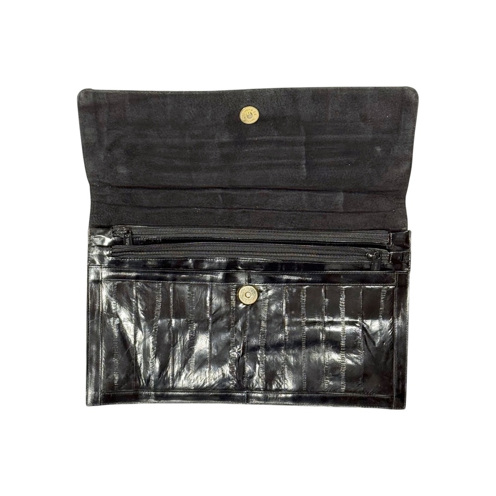 Vintage Black Eel Skin Leather Clutch Bag Oversized Paneled Envelope Handbag - Picture 3 of 10